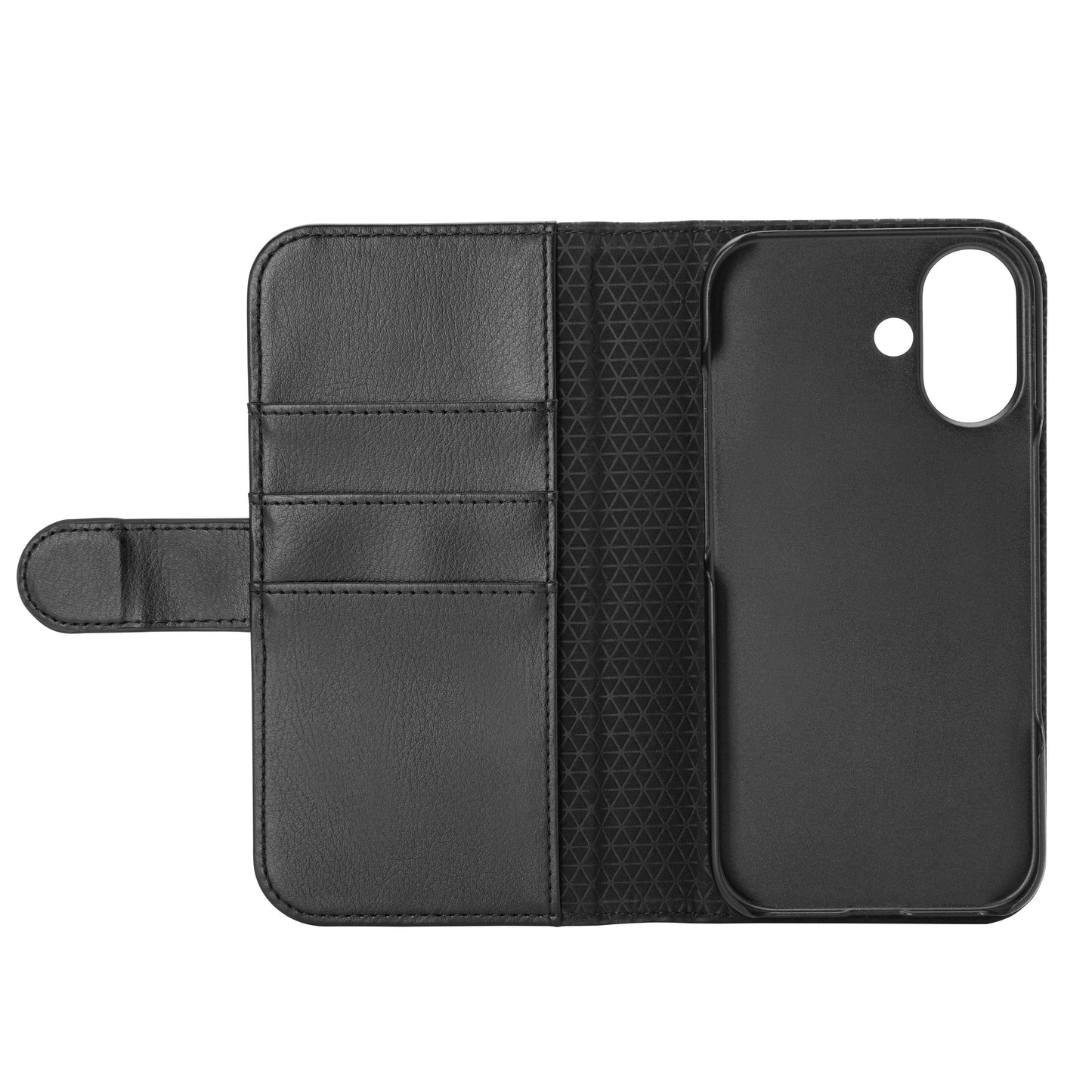 Linocell mobilpung i sort læder til iPhone 17 med tre kortlommer, magnetisk flaplukning og tekstureret indvendig foring.