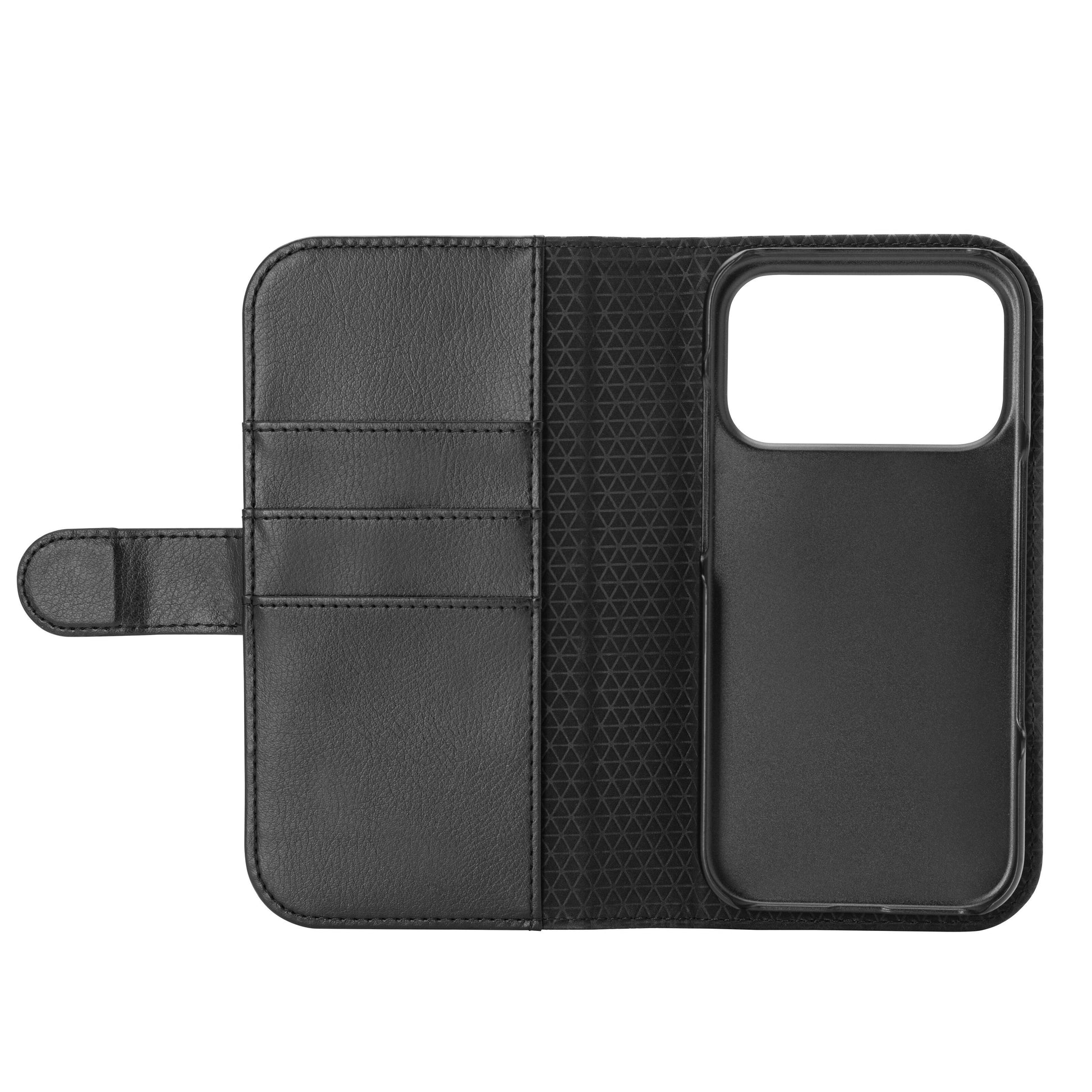 IPhone 17 Pro sort læder mobilpung med tre kortholdere, telefonholder og MagSafe-kompatibilitet.