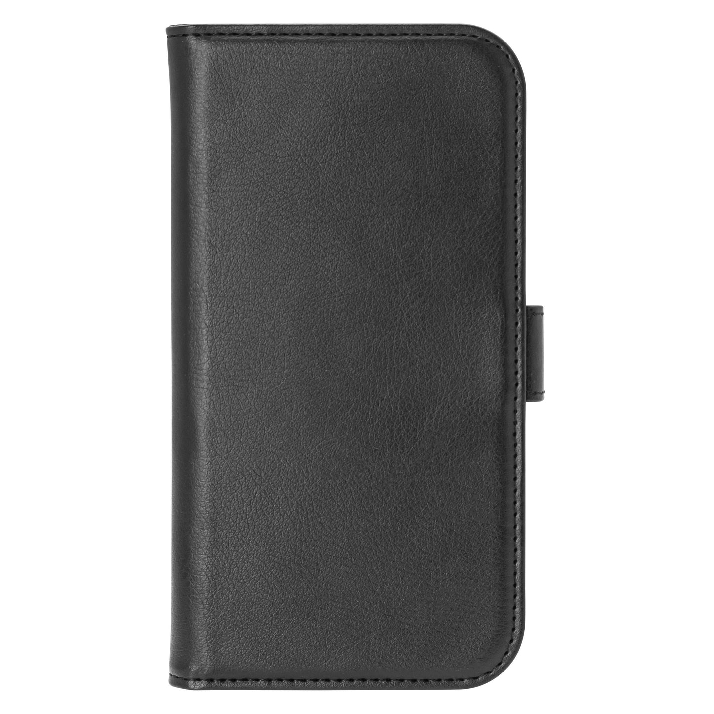 Sort læder wallet cover til iPhone 17 Pro Max med synlige stikninger, magnetlukning højre, understøtter MagSafe-opladning.