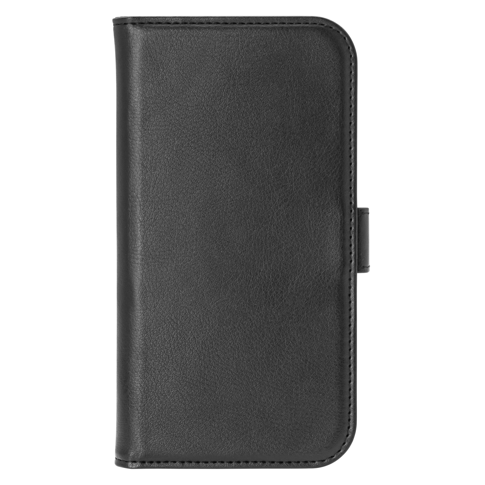 Sort læder wallet cover til iPhone 17 Pro Max med synlige stikninger, magnetlukning højre, understøtter MagSafe-opladning.