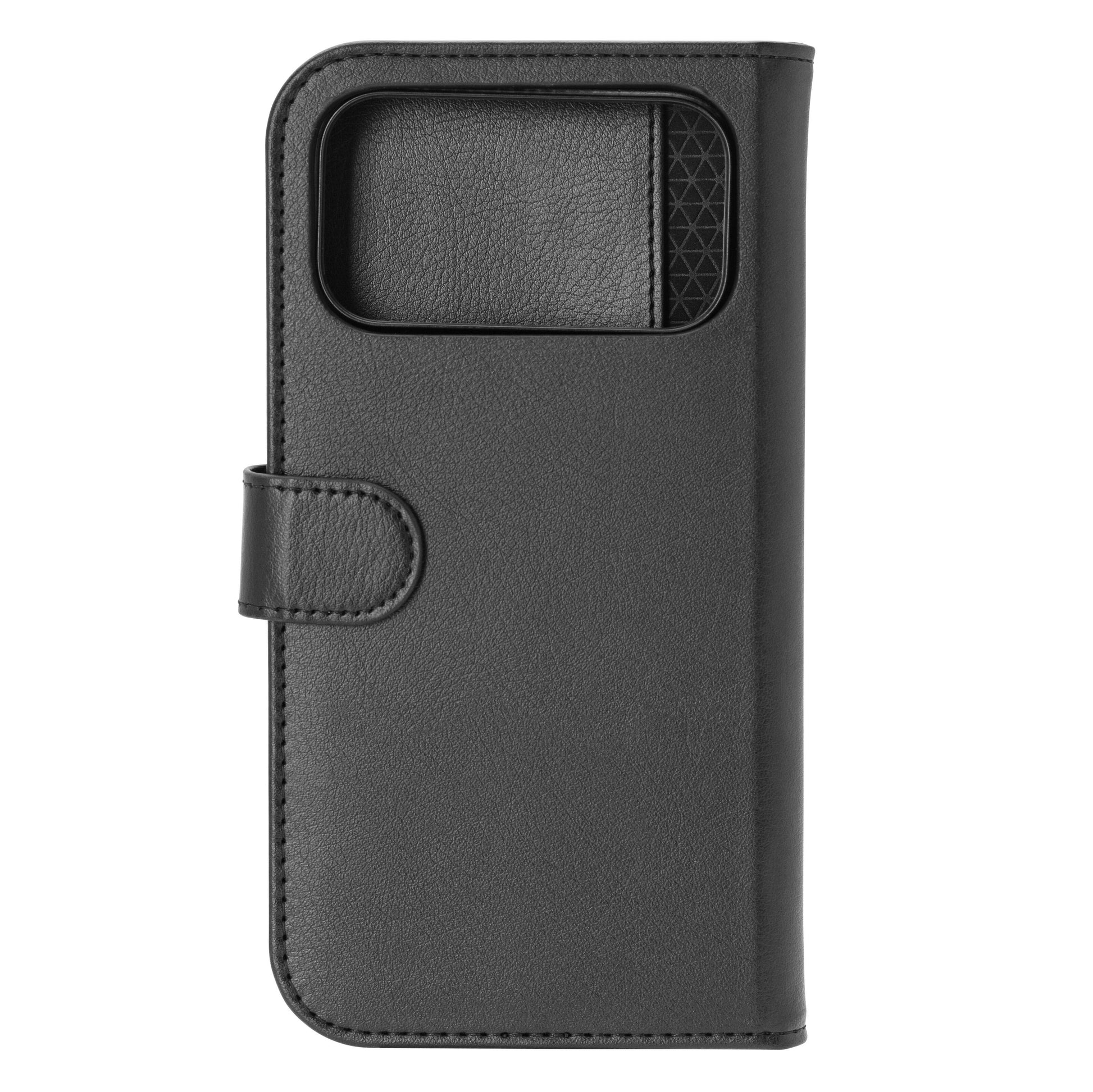 Mobilpung til iPhone 17 Pro Max sort læder folio flip, magnetlukning, kameratudskæring med struktur, MagSafe understøttet.