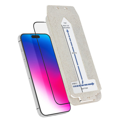 IPhone Air ved siden af Elite Extreme Curved Skærmbeskyttelse installationsbakke med monteringsvejledning.