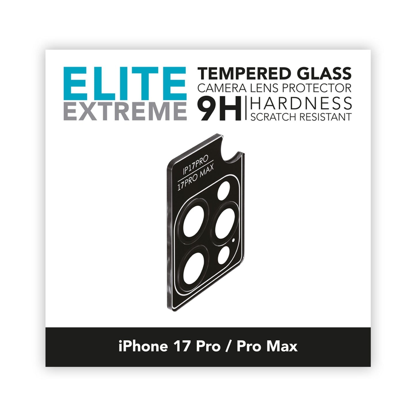 Elite Extreme kameralinsebeskytter i hærdet glas 9H til iPhone 17 Pro/Pro Max med præcise udskæringer.