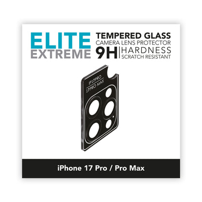 Elite Extreme kameralinsebeskytter i hærdet glas 9H til iPhone 17 Pro/Pro Max med præcise udskæringer.