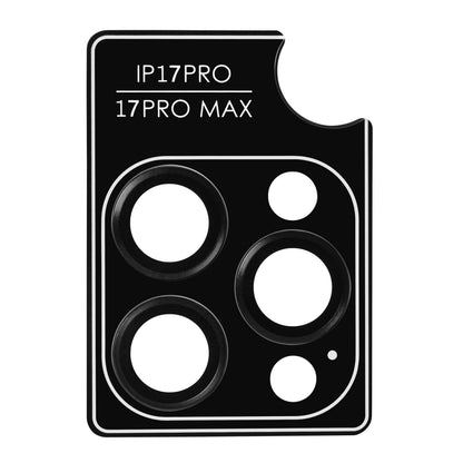 Kameralinsebeskyttelse til iPhone 17 Pro/Pro Max sort hærdet glas, tre store runde udskæringer, hvide modelnavne.