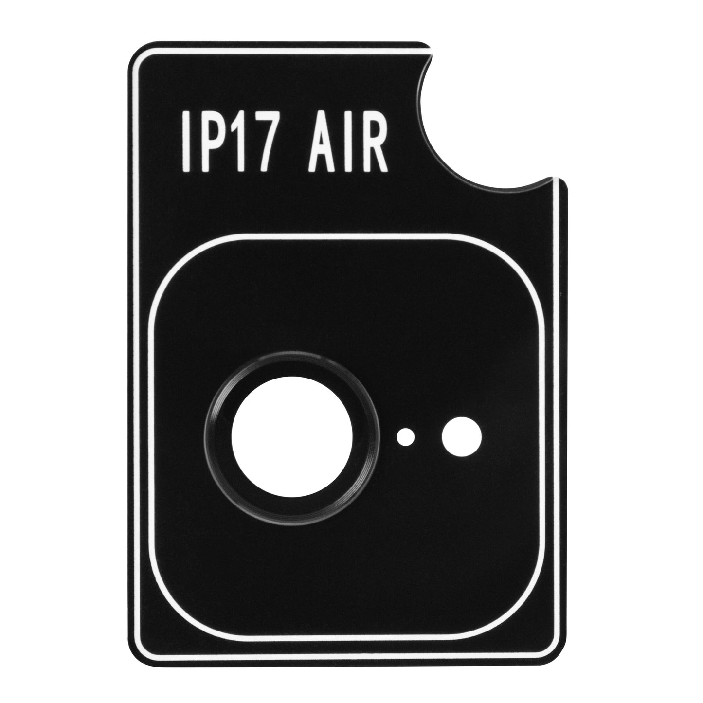 Kameralinsebeskyttelse til iPhone Air, sort, hærdet glas, IP17 AIR-mærke, én stor åbning og to små huller.