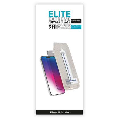Elite Extreme Privacy skærmbeskyttelse i hærdet glas til iPhone 17 Pro Max, 9H hårdhed, buede kanter, privacy-filter.