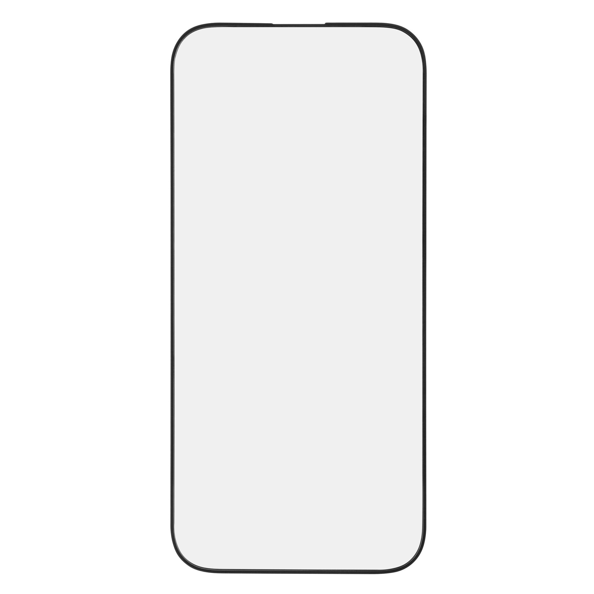 Smartphone med rektangulær form, afrundede hjørner, tynd sort kant, tom lysegrå skærm til iPhone 16/17 Pro Max skærmbeskyttelse.