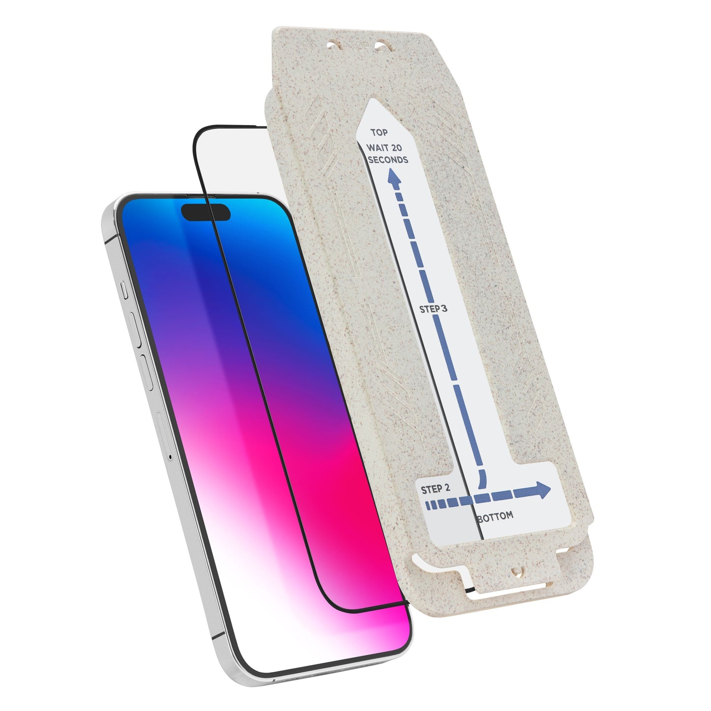 Linocell Elite Extreme ekstra holdbart skærmbeskyttelse til iPhone 16 Pro Max/17 Pro Max med papguide og justeringspile.