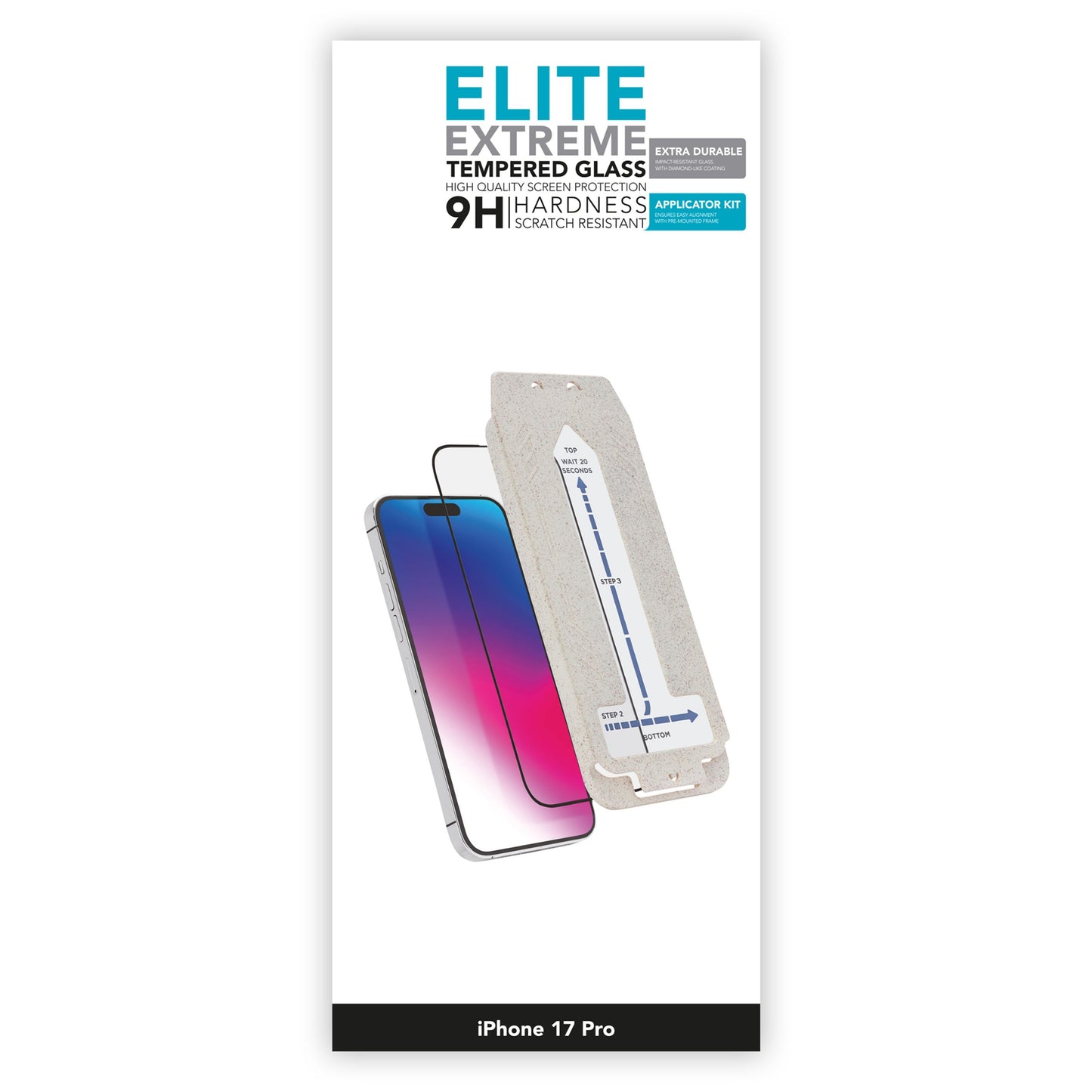 Elite Extreme skærmbeskyttelse til iPhone 17 Pro 9H hærdet glas ridsemodstand inkl. applikatorsæt.