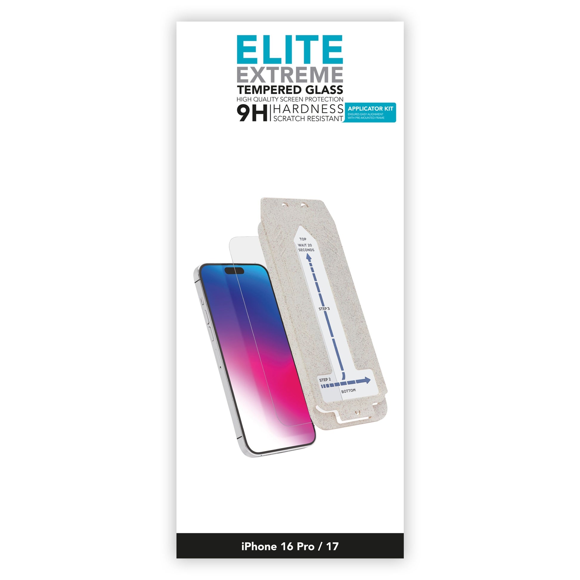 Linocell Elite Extreme skærmbeskyttelse iPhone 16 Pro/17 9H hårdhed fuld dækning, emballage med applikationskit.