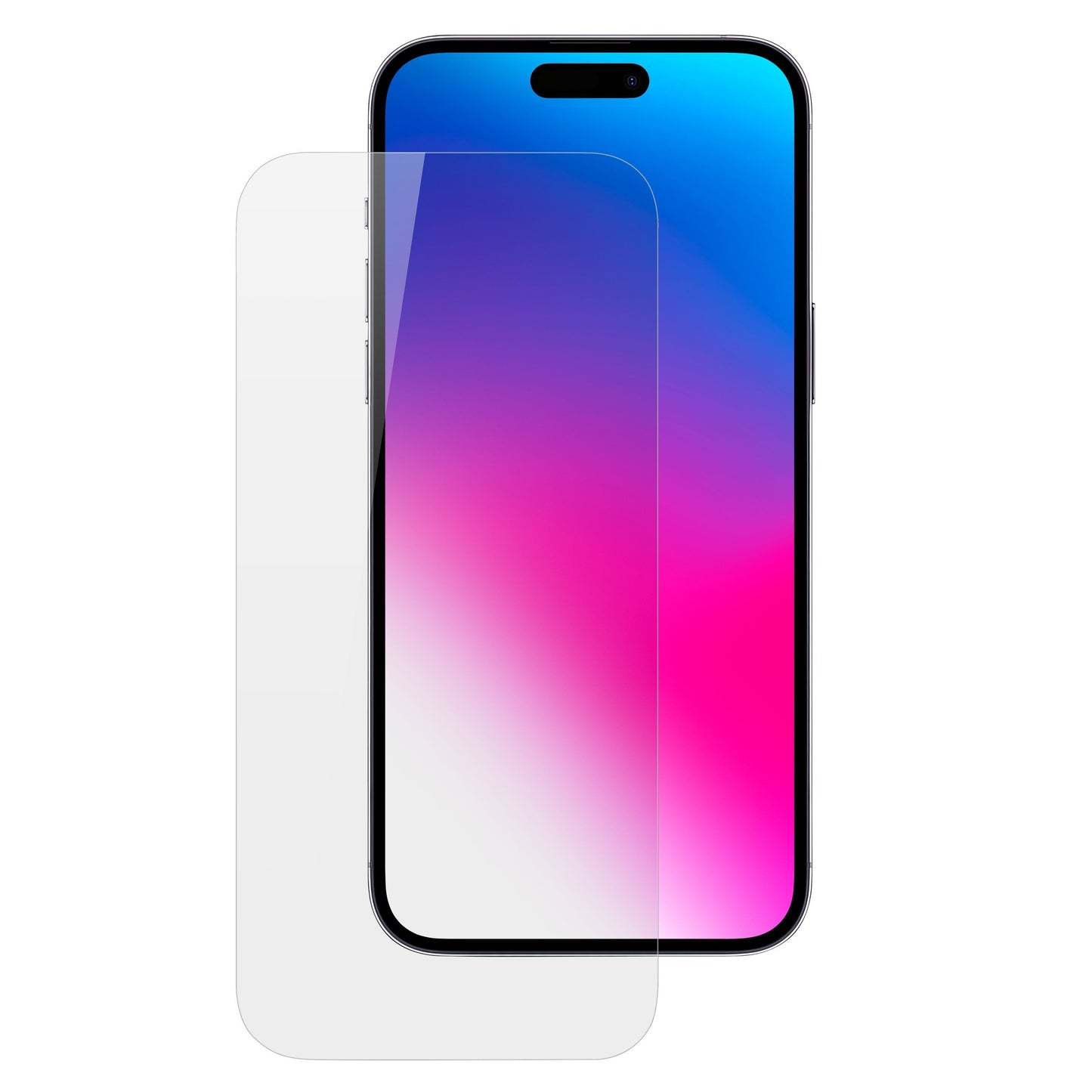 Elite Extreme skærmbeskyttelse til iPhone 16 Pro/17 foran iPhone med blå, lilla og pink gradientbaggrund.
