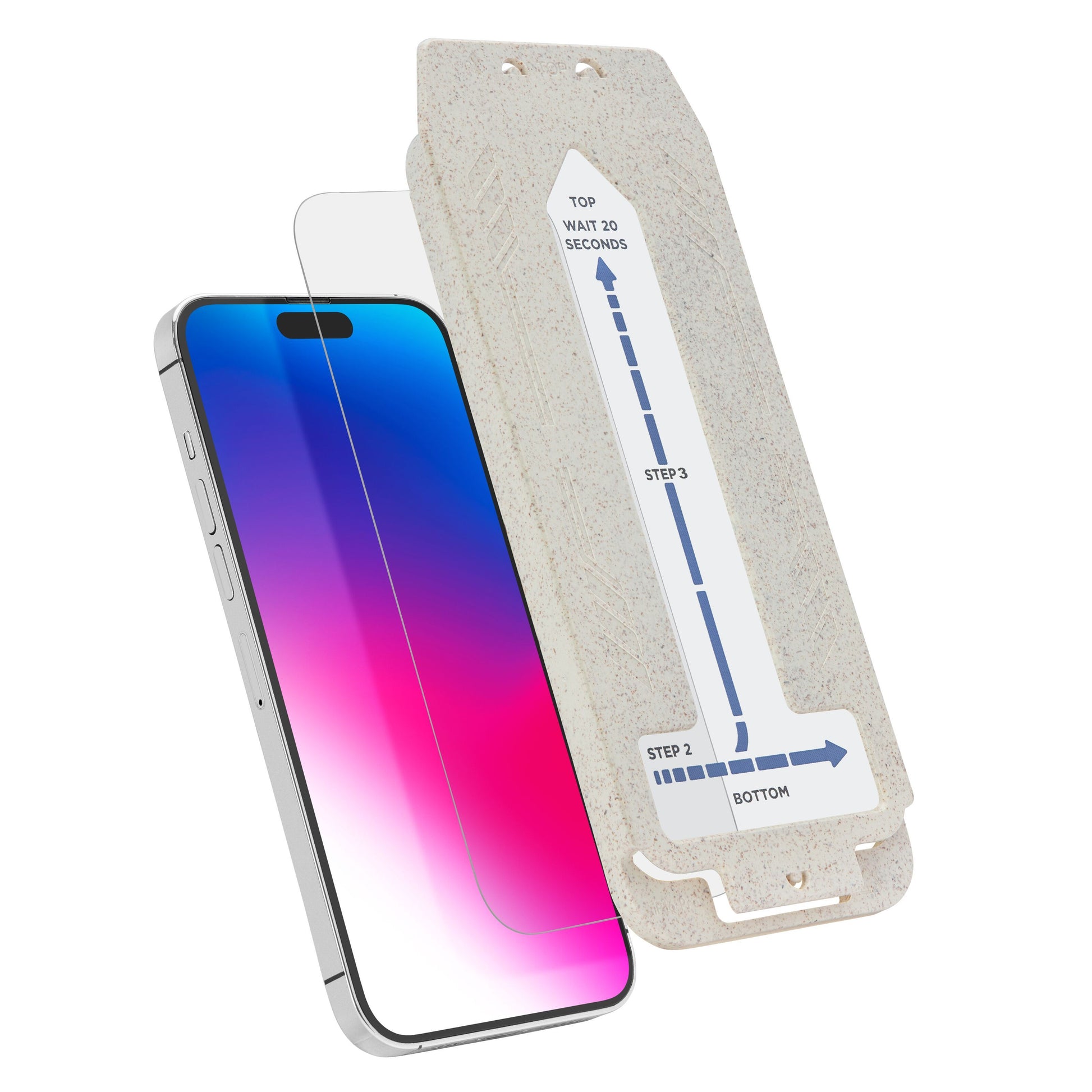 Linocell Elite Extreme skærmbeskyttelse til iPhone 16 Pro/17 ved siden af smartphone og installationsbakke med instruktioner.