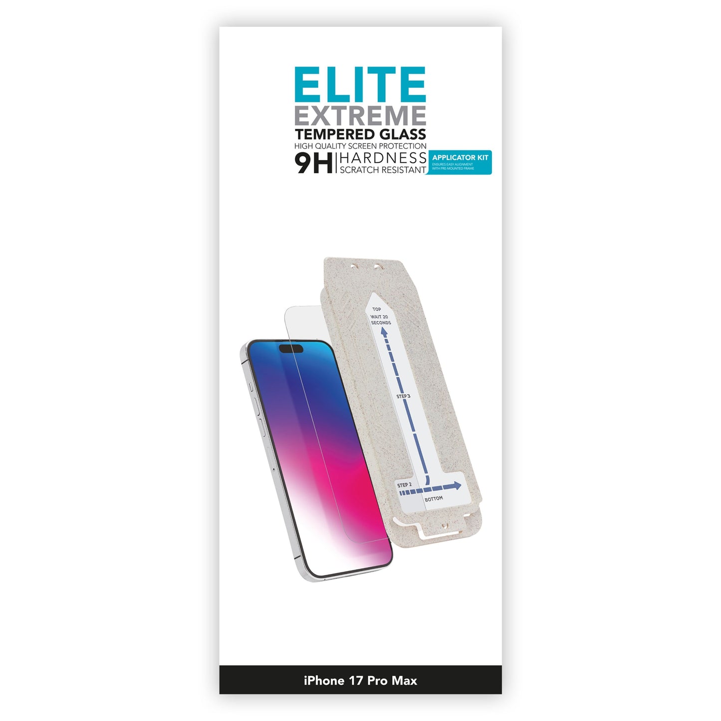 Elite Extreme skærmbeskyttelse til iPhone 17 Pro Max 9H hærdet glas vises med telefon og applikatorsæt.