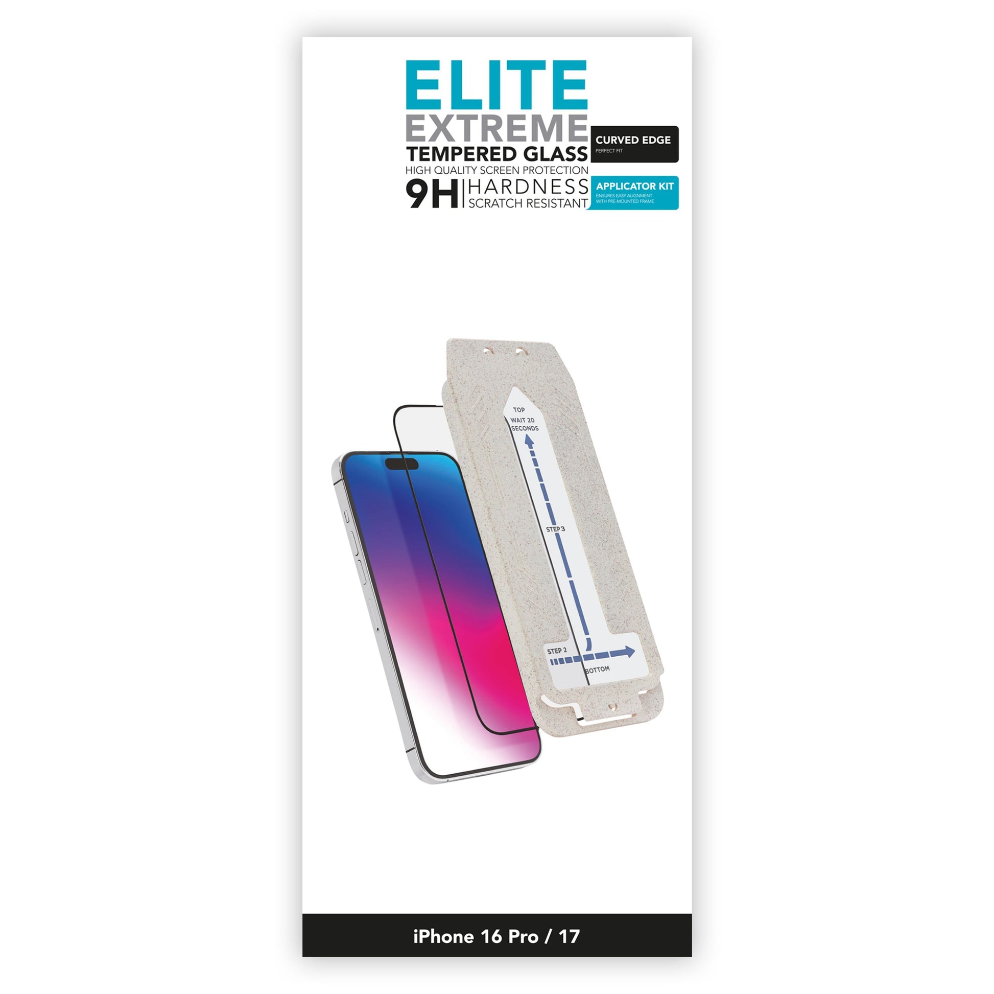 Elite Extreme Curved skærmbeskyttelse til iPhone 16 Pro/17, buede kanter, hærdet glas 9H, ridsefast, inkl. applikationssæt.