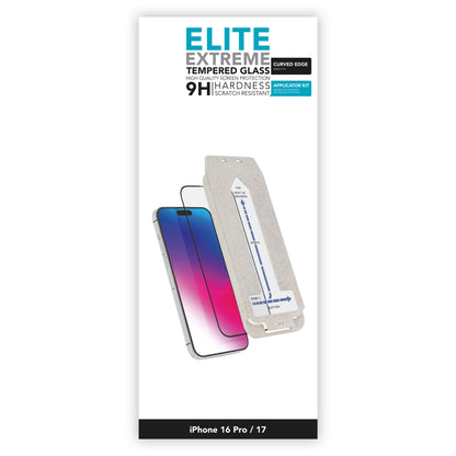 Elite Extreme Curved skærmbeskyttelse til iPhone 16 Pro/17, buede kanter, hærdet glas 9H, ridsefast, inkl. applikationssæt.