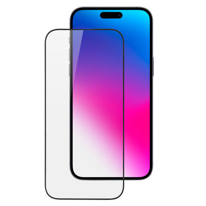 Elite Extreme Curved skærmbeskyttelse til iPhone 16 Pro/17 monteret på mobil med buede kanter og farverig skærm.