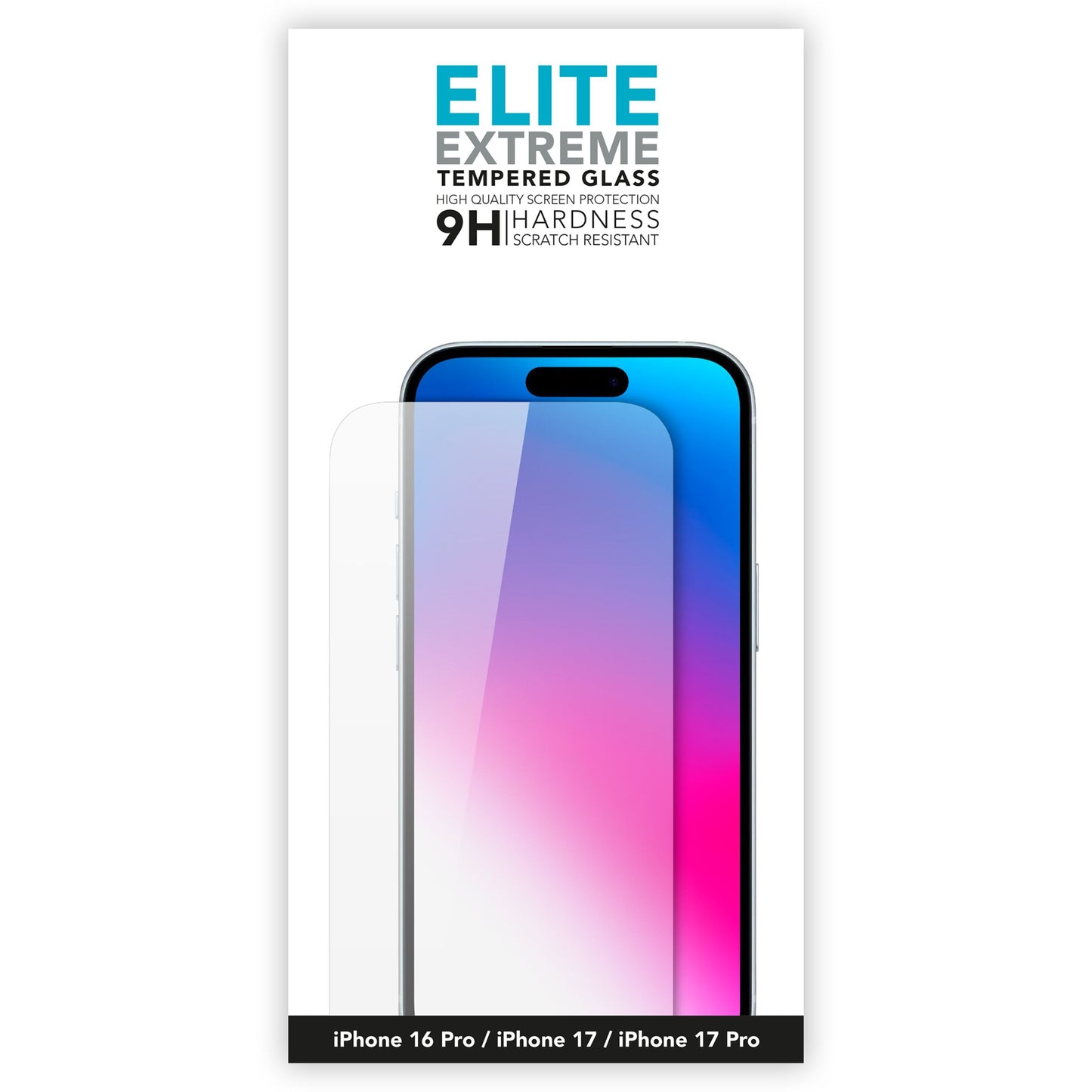 Linocell Elite Extreme skærmbeskyttelse til iPhone 16 Pro, 17, 17 Pro over smartphone med blå-pink gradient display.