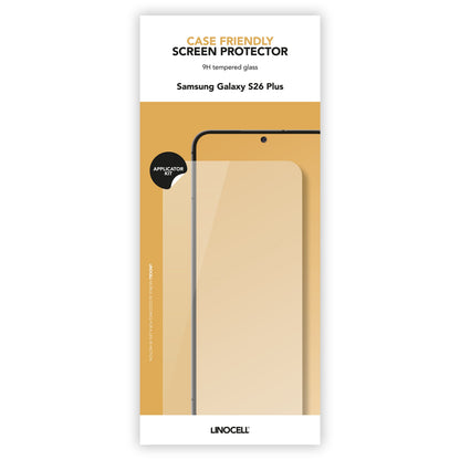 Linocell Case Friendly Skærmbeskyttelse til Samsung Galaxy S26+ hærdet glas, applikatorsæt, beige emballage.