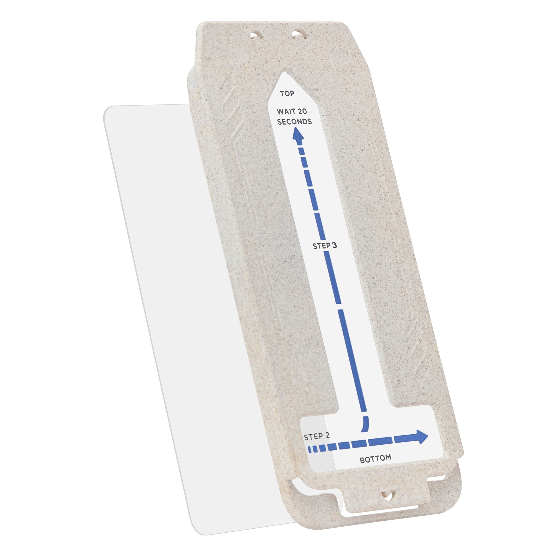 Beige, rektangulær Linocell enhed med blå luv og installationsvejledning til Galaxy S26+ ved gennemsigtig flap.