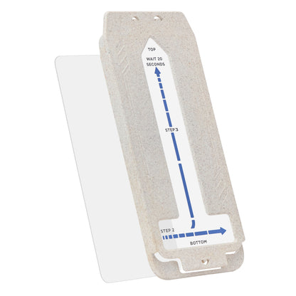 Beige, rektangulær Linocell enhed med blå luv og installationsvejledning til Galaxy S26+ ved gennemsigtig flap.