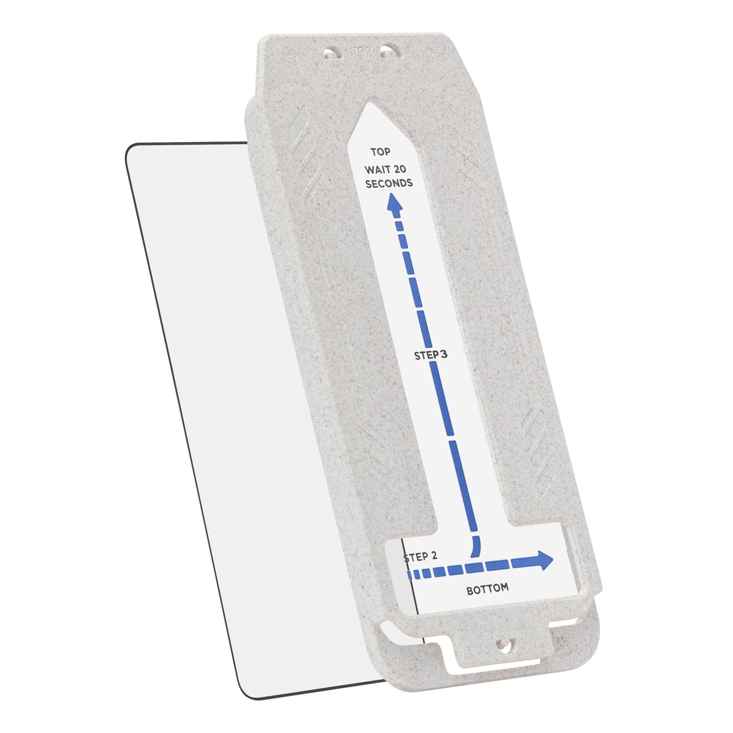 Linocell kortholder med transparent panel og trinvis guide til montering af Premium Skærmbeskytter til Samsung Galaxy S26.