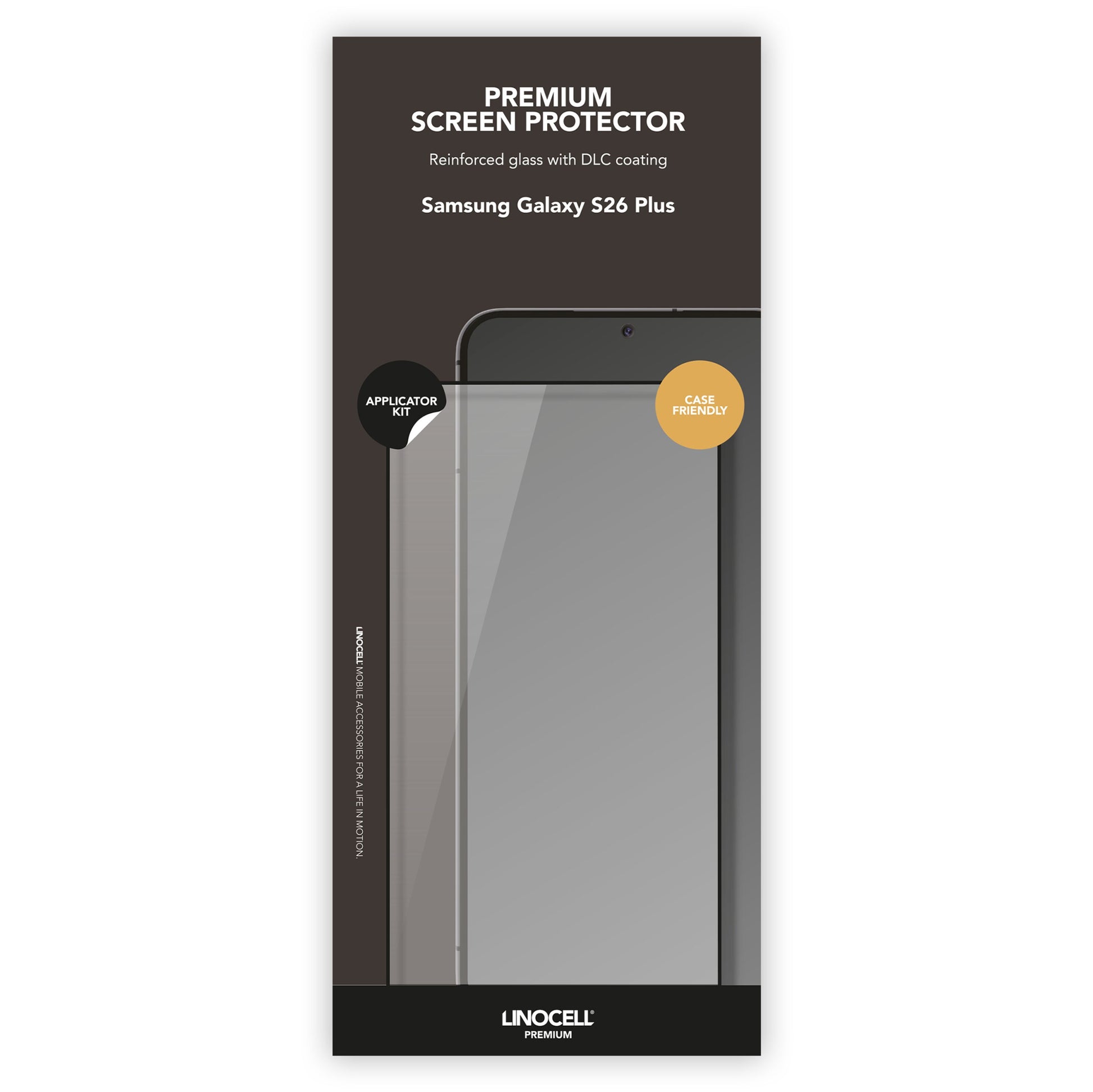 Samsung Galaxy S26+ skærmbeskytter, hærdet 9H glas, DLC-belægning, gennemsigtig beskytter synlig på emballage.
