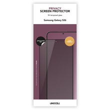 Privatlivsskærmbeskytter til Samsung Galaxy S26 med 9H hærdet glas, applikatorsæt og case friendly ifølge emballagen.
