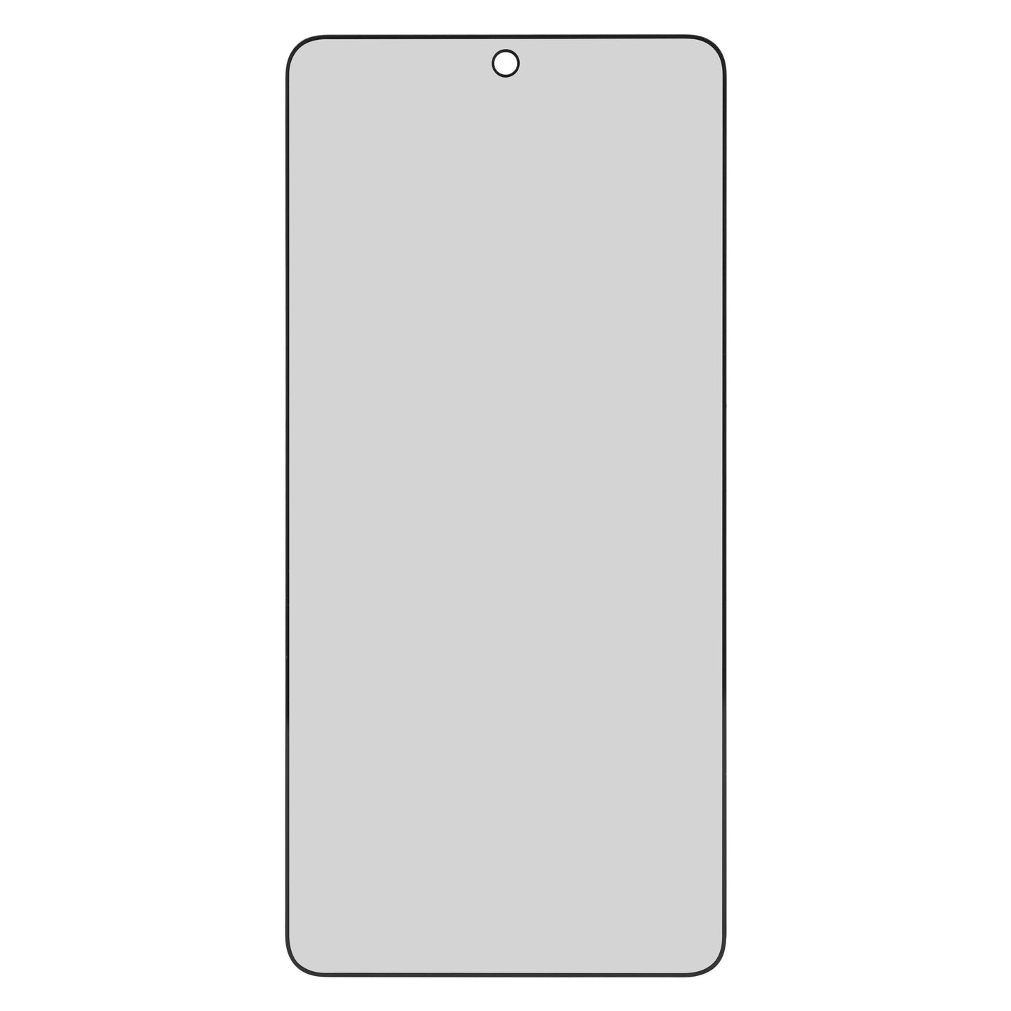 Samsung Galaxy S26 outline med afrundede hjørner, topcenter frontkamera og tom grå skærm til Privatlivsskærmbeskytter.