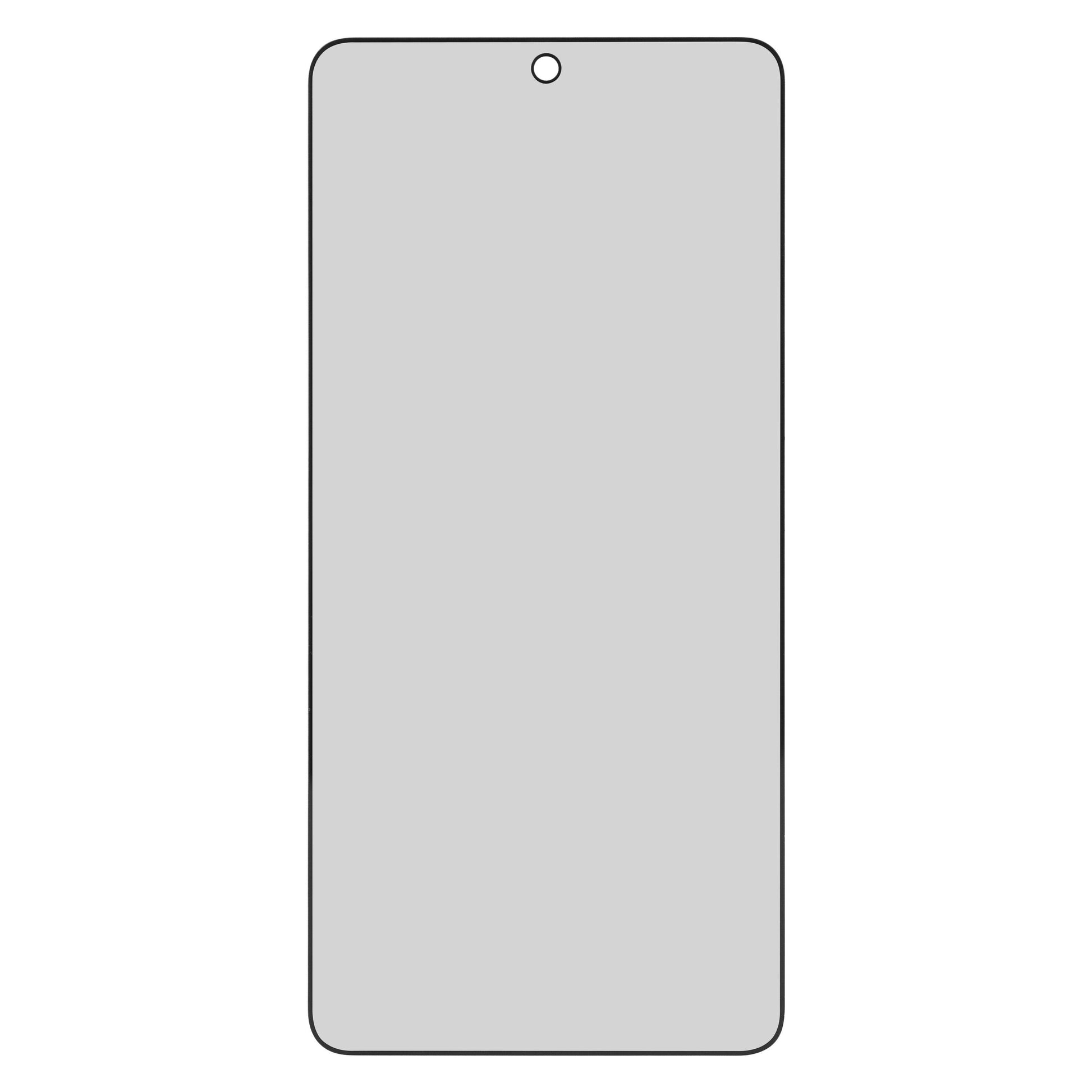 Samsung Galaxy S26 outline med afrundede hjørner, topcenter frontkamera og tom grå skærm til Privatlivsskærmbeskytter.