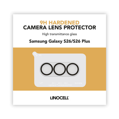Samsung Galaxy S26/S26 Plus kamerabeskyttelse, triple-lens, 9H hærdet glas, guld.