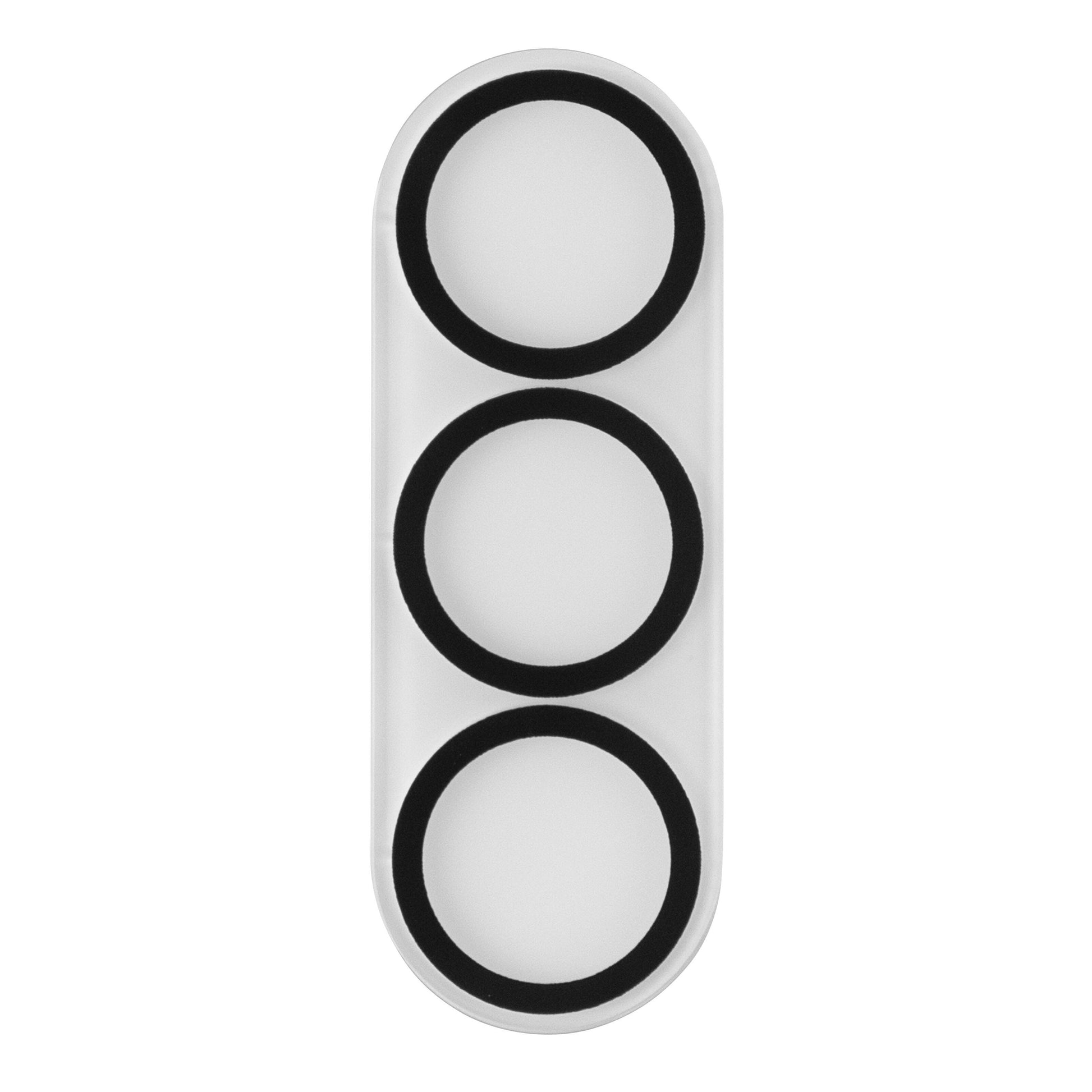 Hvid rektangulær linsebeskytter til Galaxy S26/S26 Plus med afrundede kanter og tre slags cirkler.