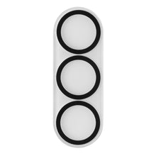 Hvid rektangulær linsebeskytter til Galaxy S26/S26 Plus med afrundede kanter og tre slags cirkler.
