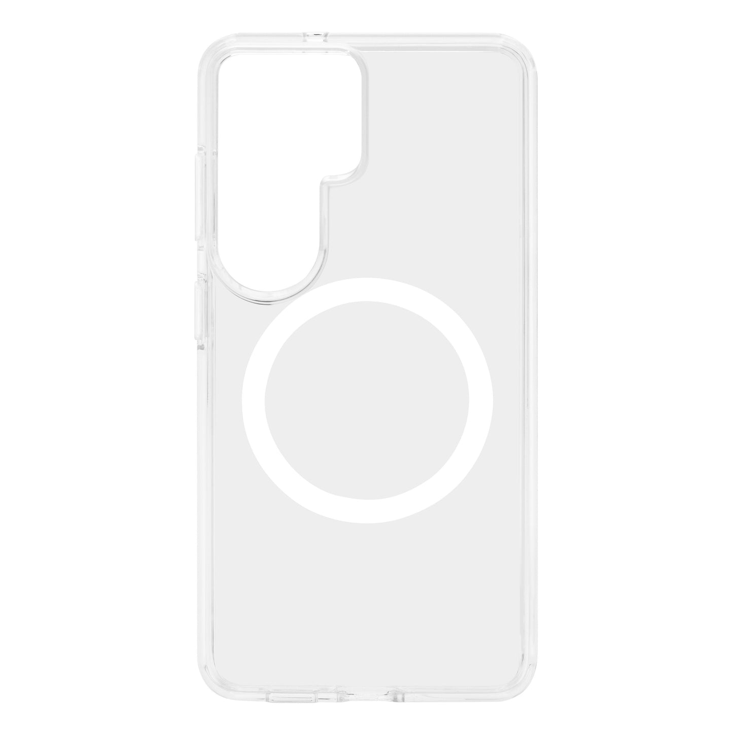 Gennemsigtigt cover til Samsung Galaxy S26 med stor hvid cirkel, glatte kanter og kamerahul øverst til venstre.