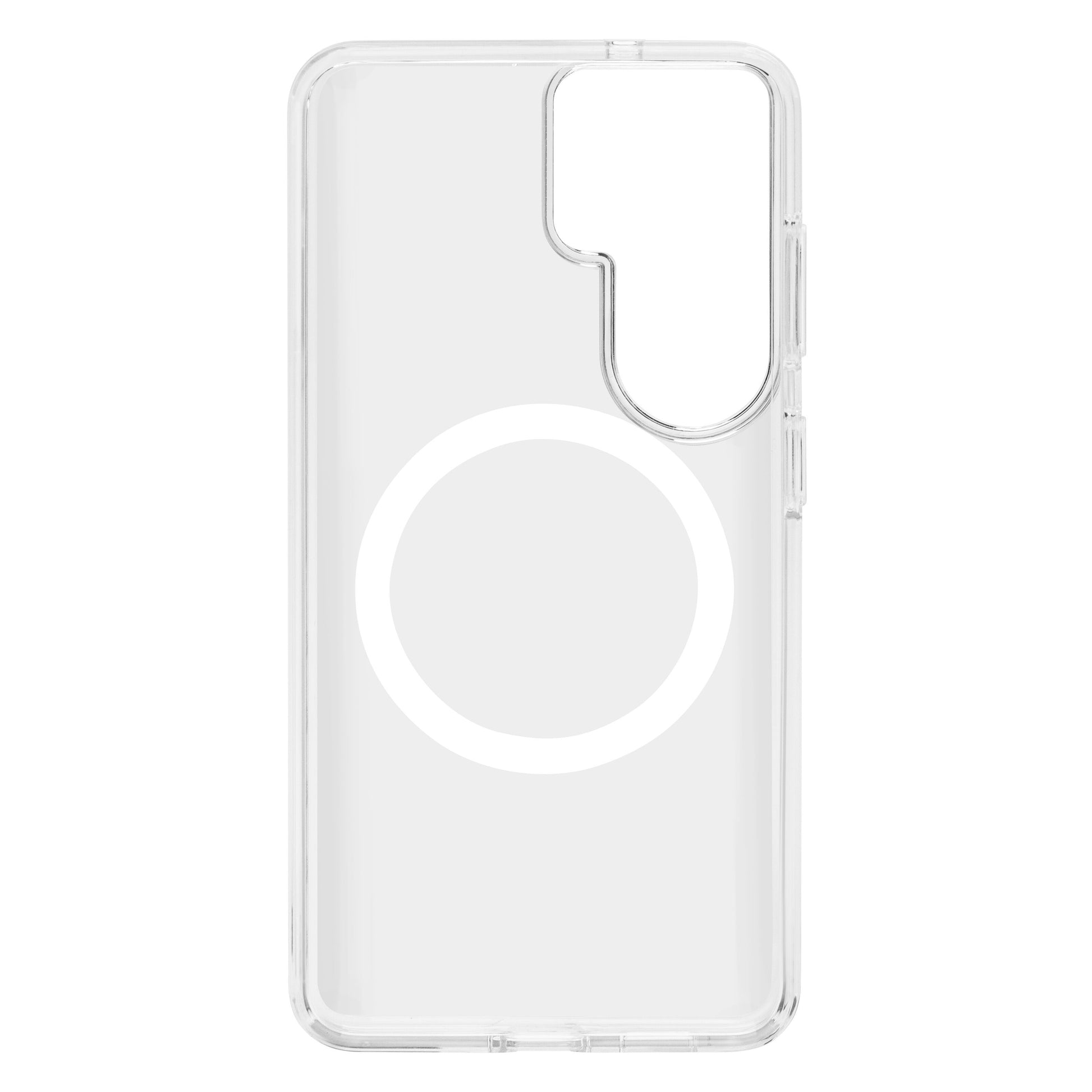 Clear case til Samsung Galaxy S26, gennemsigtig med præcise udskæringer og hvid cirkel midt bagpå.