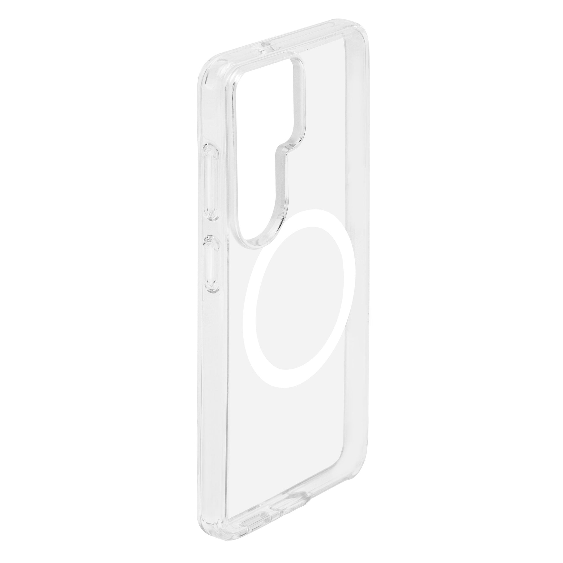 Gennemsigtigt cover til Samsung Galaxy S26 med stort cirkulært motiv og præcise udskæringer til kamera og knapper.