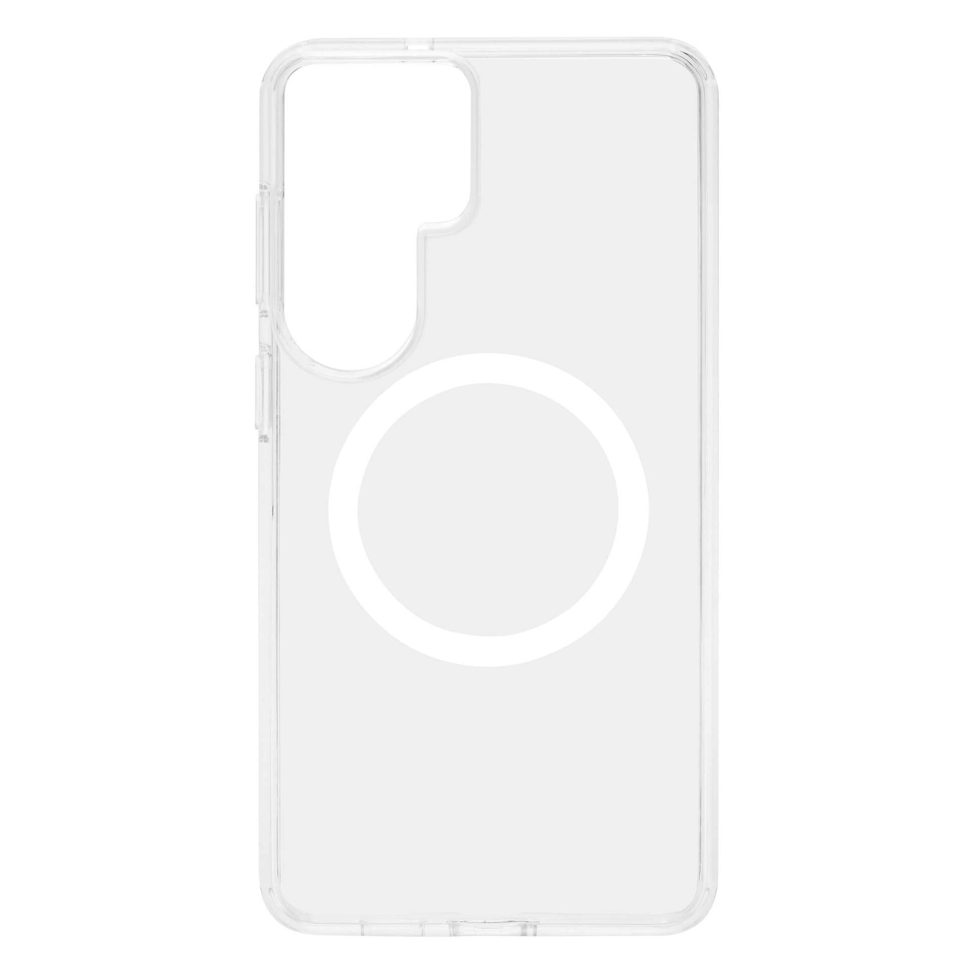 Gennemsigtigt cover til Samsung Galaxy S26+ med hvid cirkel i midten, rektangulært kamerahak, Qi-opladning.