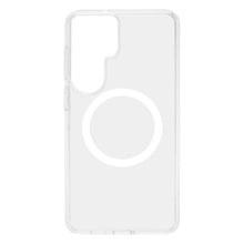 Gennemsigtigt cover til Samsung Galaxy S26+ med hvid cirkel i midten, rektangulært kamerahak, Qi-opladning.