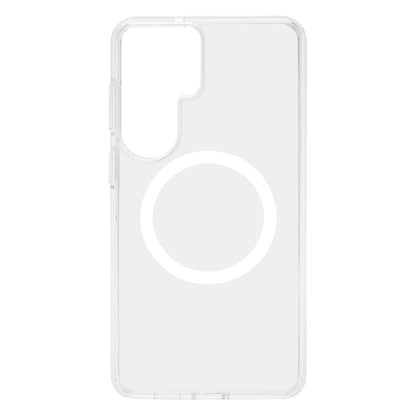 Gennemsigtigt cover til Samsung Galaxy S26+ med hvid cirkel i midten, rektangulært kamerahak, Qi-opladning.