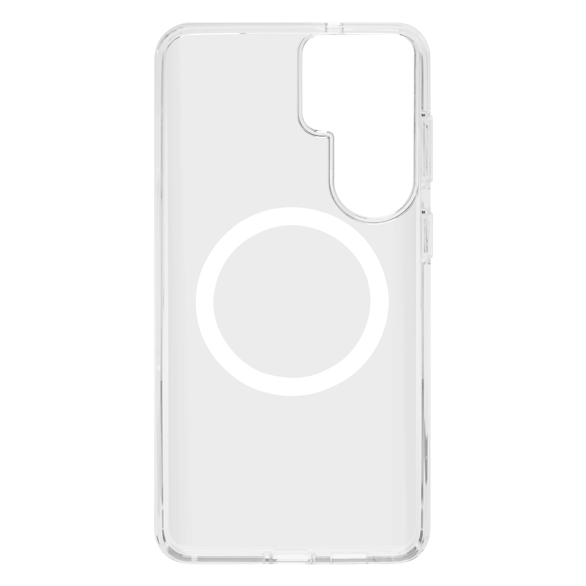 Gennemsigtigt mobilcover til Samsung Galaxy S26+ med hvid magnetring på bagsiden, Qi-opladning kompatibel.