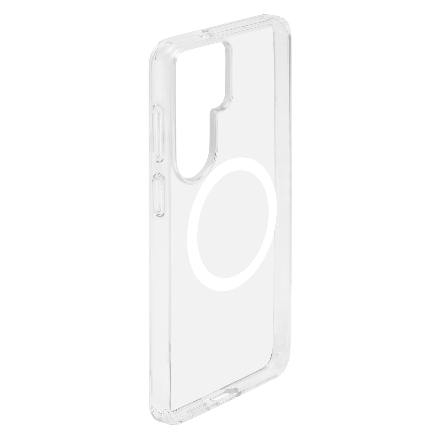 Gennemsigtigt cover til Samsung Galaxy S26+ med hvidt cirkulært mønster, knapudskæringer og Qi-kompatibilitet.