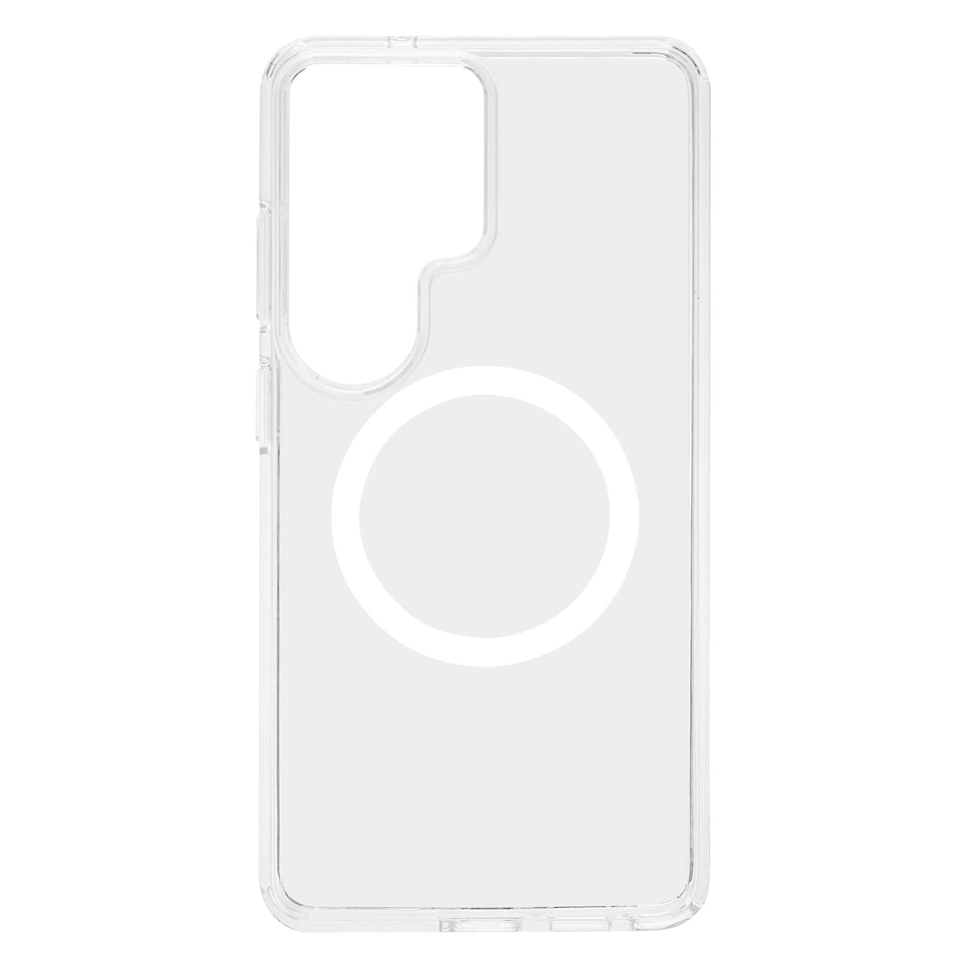 Gennemsigtigt cover til Samsung Galaxy S26 Ultra med stort hvidt cirkeldesign, afrundede kanter, kameraklip øverst til venstre.