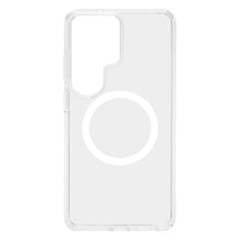 Gennemsigtigt cover til Samsung Galaxy S26 Ultra med stort hvidt cirkeldesign, afrundede kanter, kameraklip øverst til venstre.