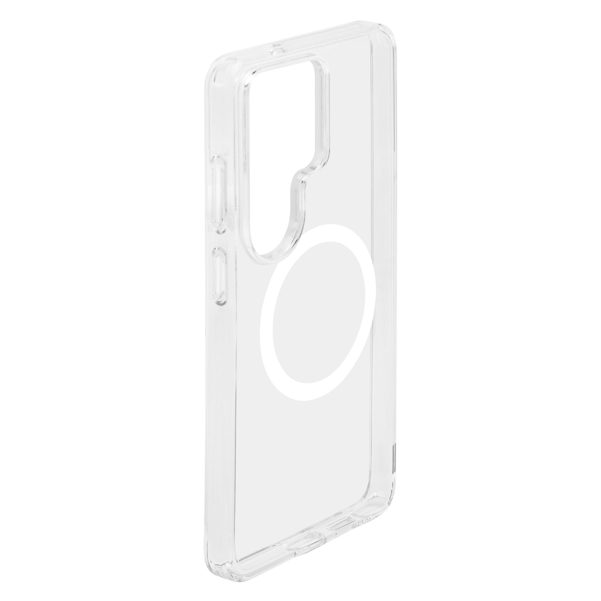 Gennemsigtigt cover til Samsung Galaxy S26 Ultra med stor hvid cirkulær detalje på bagsiden, set fra skrå vinkel.