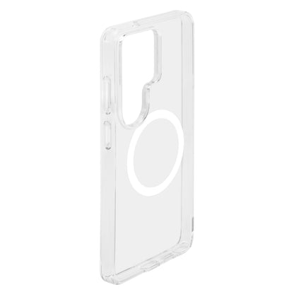 Gennemsigtigt cover til Samsung Galaxy S26 Ultra med stor hvid cirkulær detalje på bagsiden, set fra skrå vinkel.