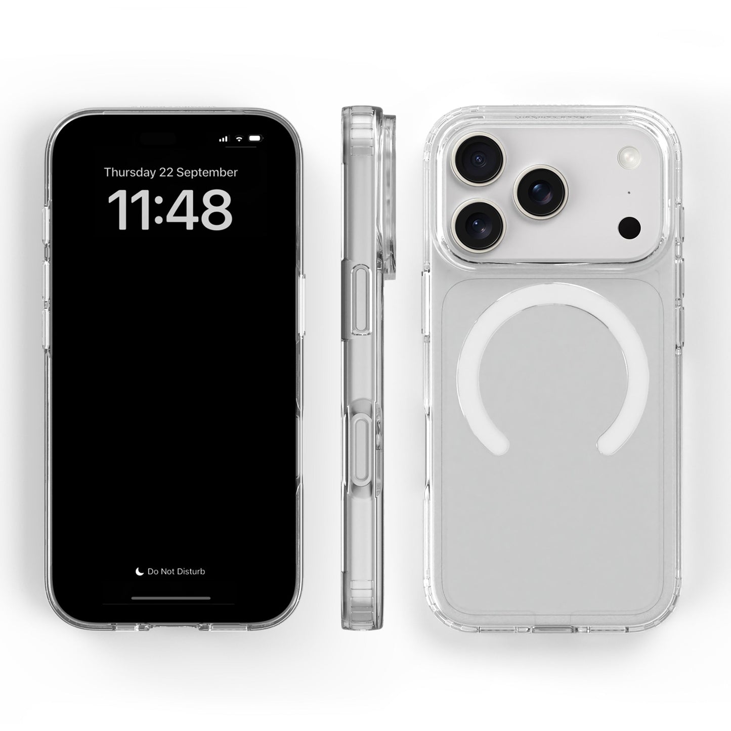 IPhone 17 Pro med mobilcover, vises forfra, fra siden og bagfra, tre kameraer og MagSafe-kompatibelt område.