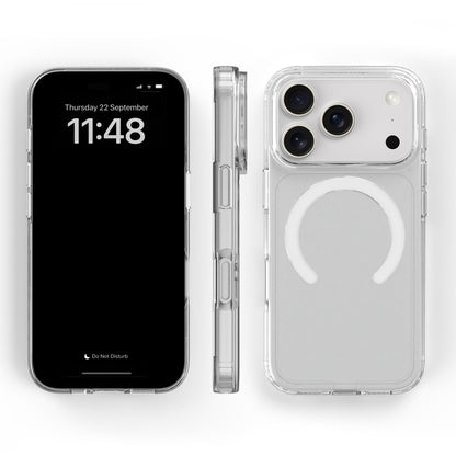 IPhone 17 Pro med mobilcover, vises forfra, fra siden og bagfra, tre kameraer og MagSafe-kompatibelt område.