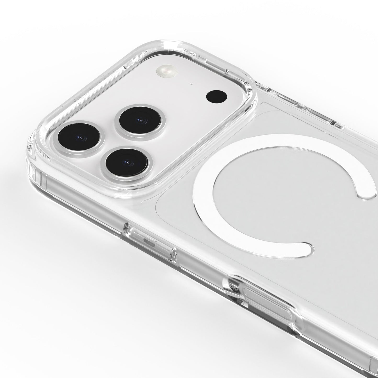 A Good Company gennemsigtigt mobilcover til iPhone 17 Pro med MagSafe-kompatibel ring, tre bagkameraer og blitz.
