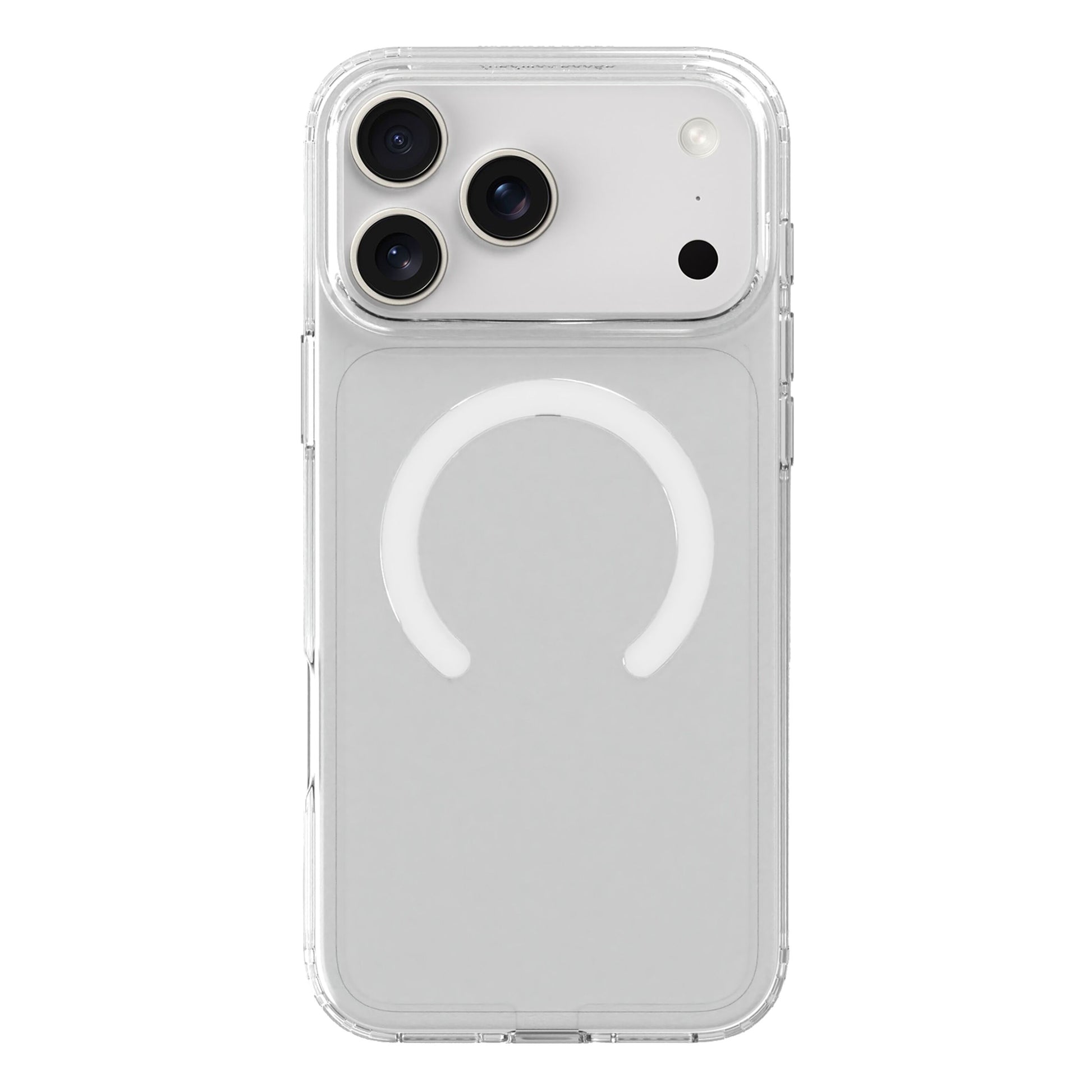 Gennemsigtigt mobilcover til iPhone 17 Pro Max med udsnit til tre kameraer og synlig rund MagSafe-magnet på bagsiden.