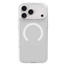Gennemsigtigt mobilcover til iPhone 17 Pro Max med udsnit til tre kameraer og synlig rund MagSafe-magnet på bagsiden.